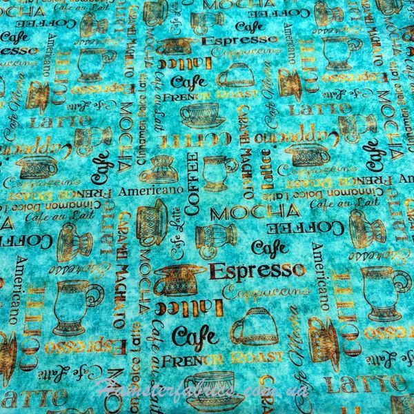 Coffee Text and Cups on Aqua, Американский хлопок для рукоделия и одежды 176-87a 1 фото