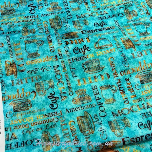Coffee Text and Cups on Aqua, Американский хлопок для рукоделия и одежды 176-87a 1 фото