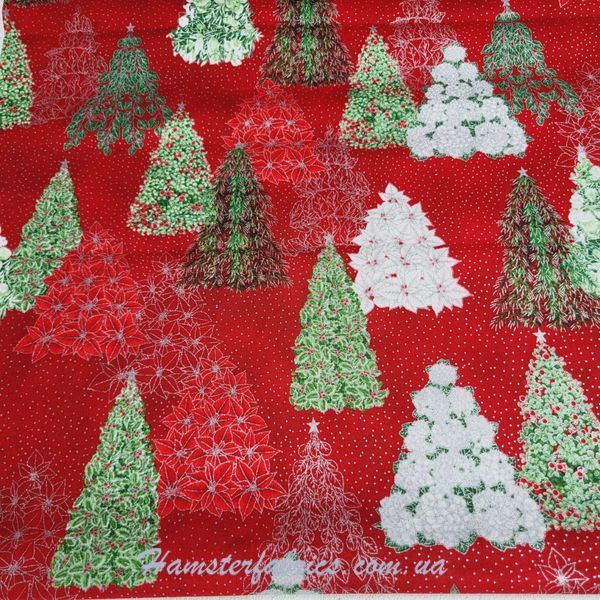 Snow Flower Christmas Trees Red Silver Бавовна для рукоділля та одягу  263-868 фото
