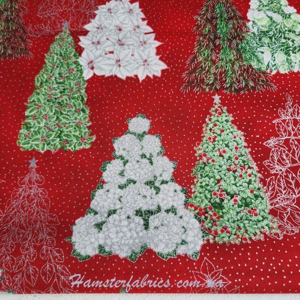 Snow Flower Christmas Trees Red Silver Бавовна для рукоділля та одягу  263-868 фото