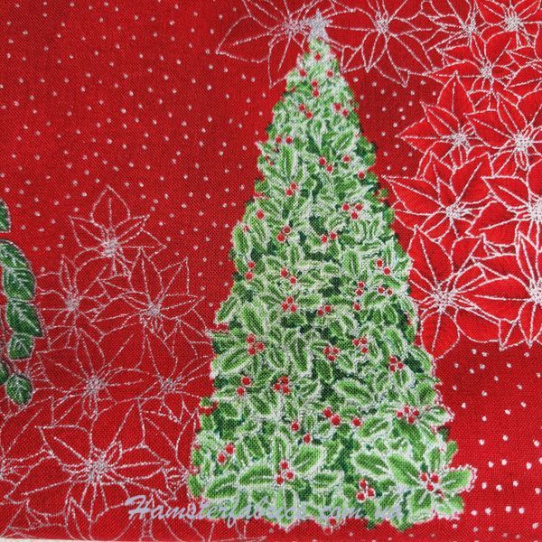 Snow Flower Christmas Trees Red Silver Бавовна для рукоділля та одягу  263-868 фото