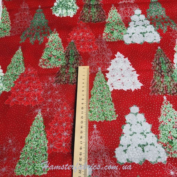 Snow Flower Christmas Trees Red Silver Бавовна для рукоділля та одягу  263-868 фото